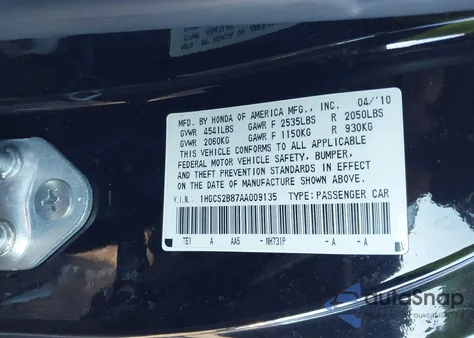 2010 Honda Accord 3.5 Ex-L из США, поврежденный, VIN 1HGCS2B87AA009135